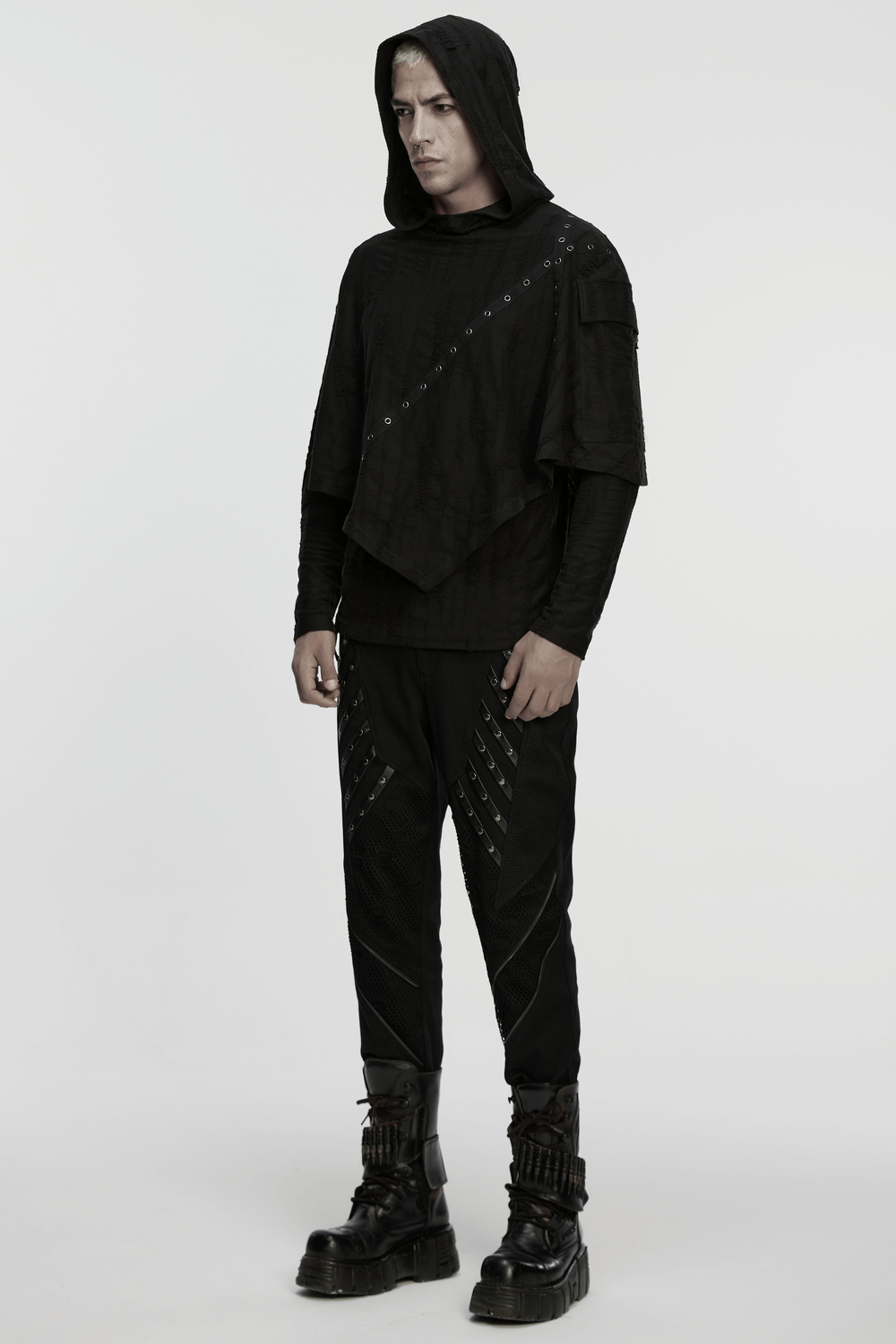 Punk Poncho Hoodie with Metal Eyelet and Pocket worn by a model, featuring tattered fabric and edgy design details.