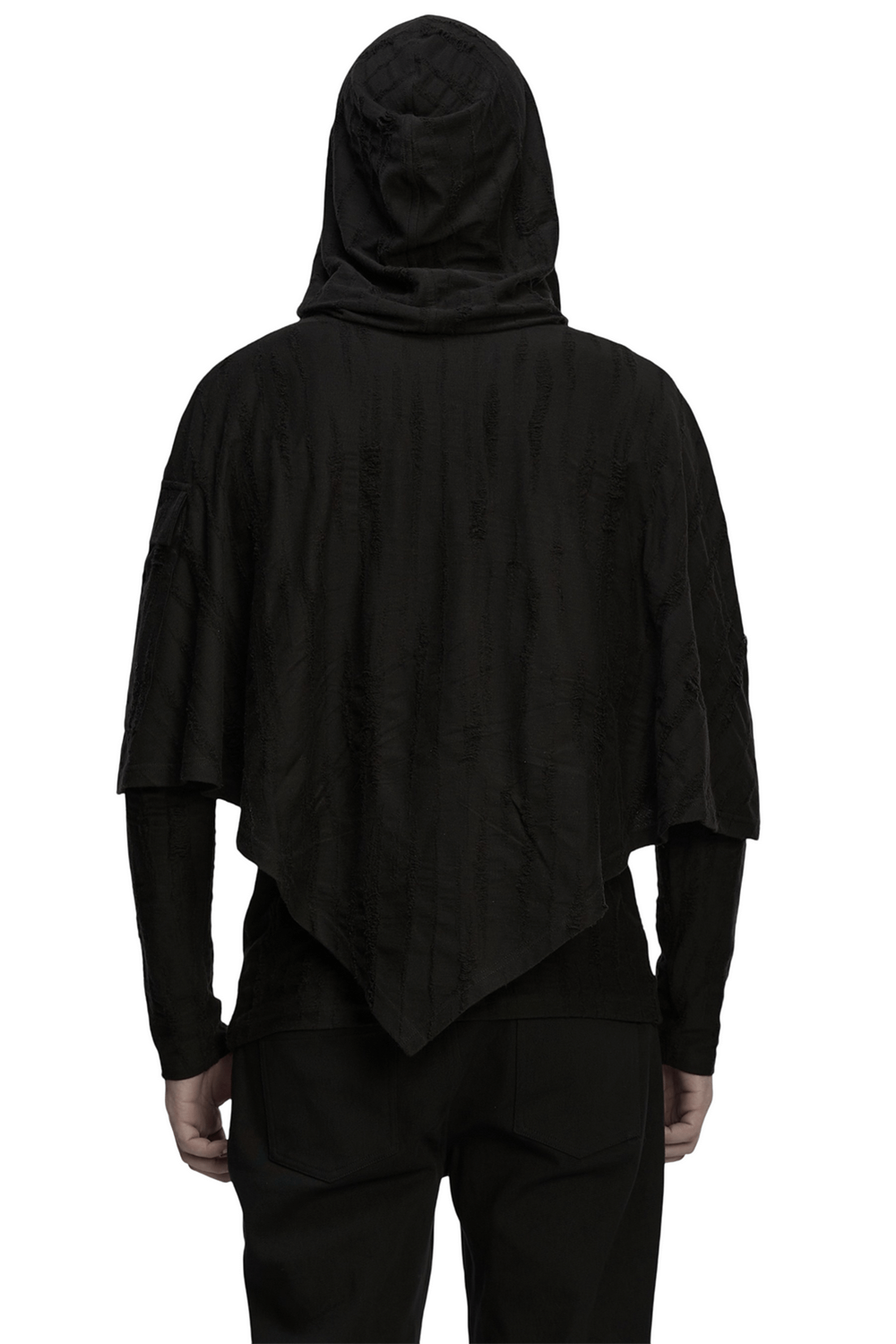 Punk Poncho Hoodie with Metal Eyelet and Pocket seen from the back showcasing tattered fabric and edgy design.