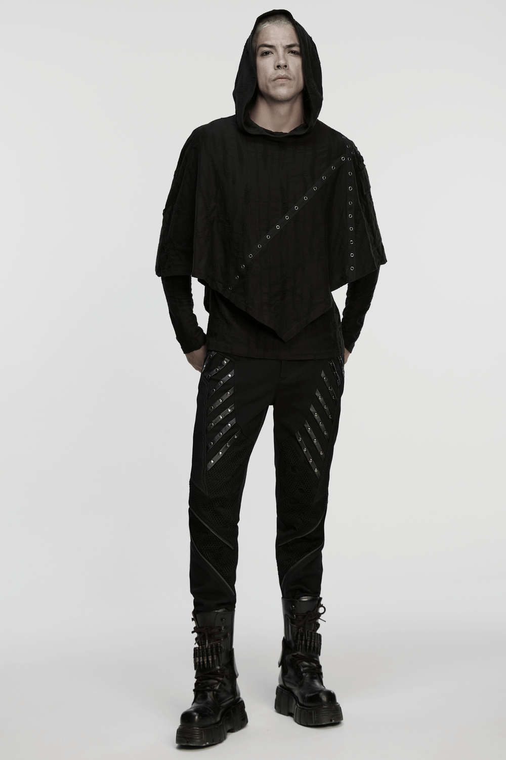 Punk Poncho Hoodie with Metal Eyelet and Pocket worn by a model, showcasing tattered fabric and edgy style.