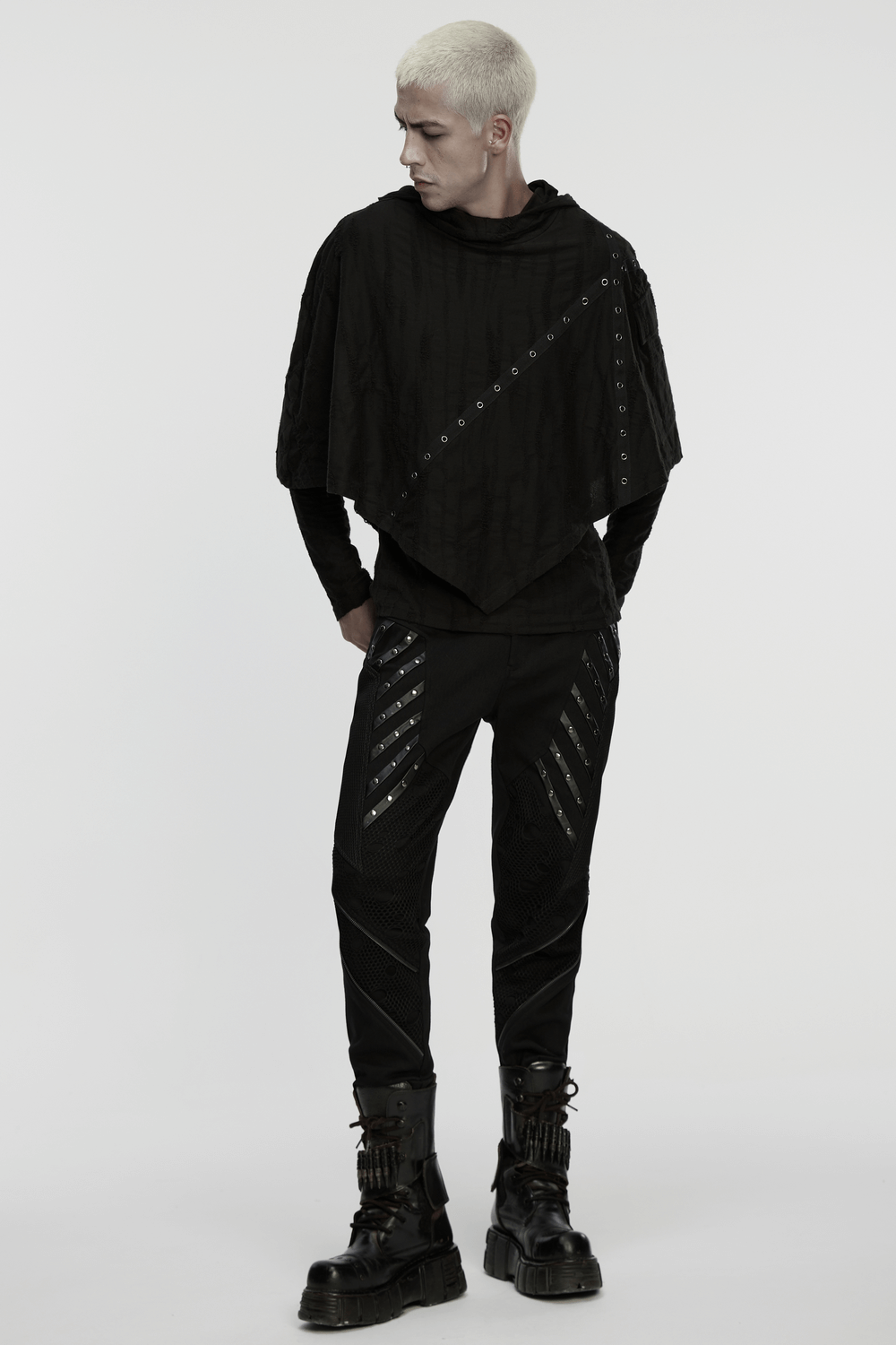 Punk Poncho Hoodie with Metal Eyelet and Pocket worn by a model in a stylish pose.
