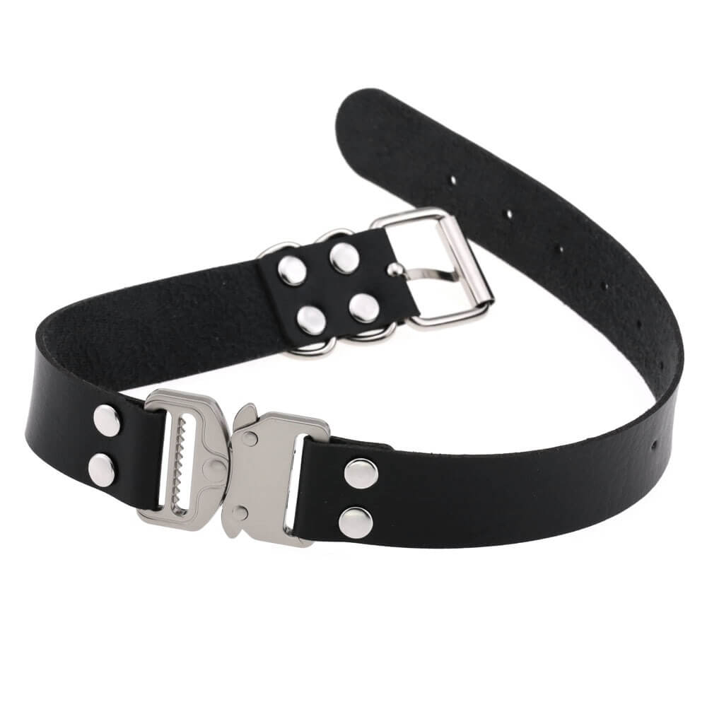 Punk PU leather choker with buckle accents, perfect for women’s cosplay and bold fashion statements.