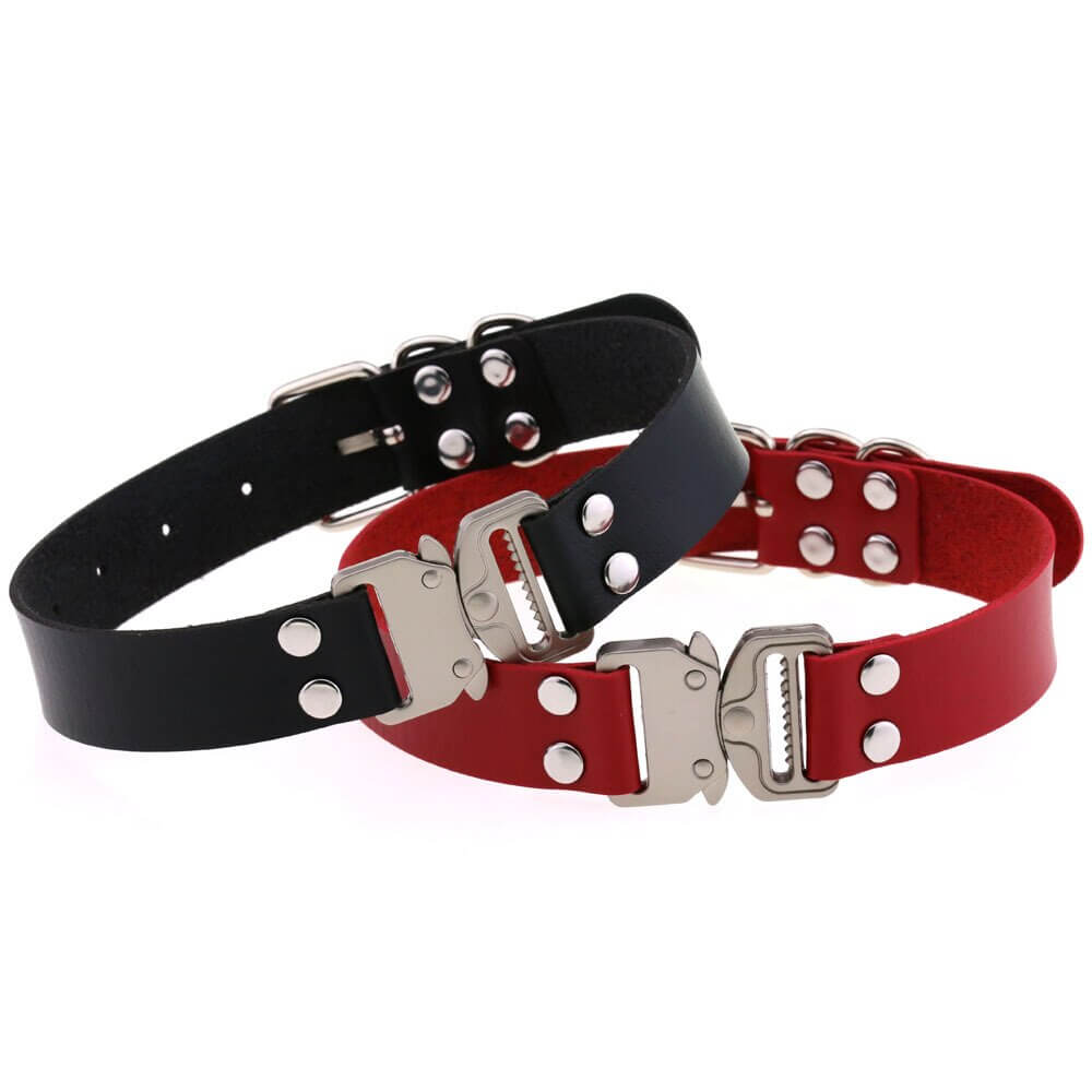Punk PU leather chokers in black and red with buckle accents, perfect for cosplay and edgy women's fashion.