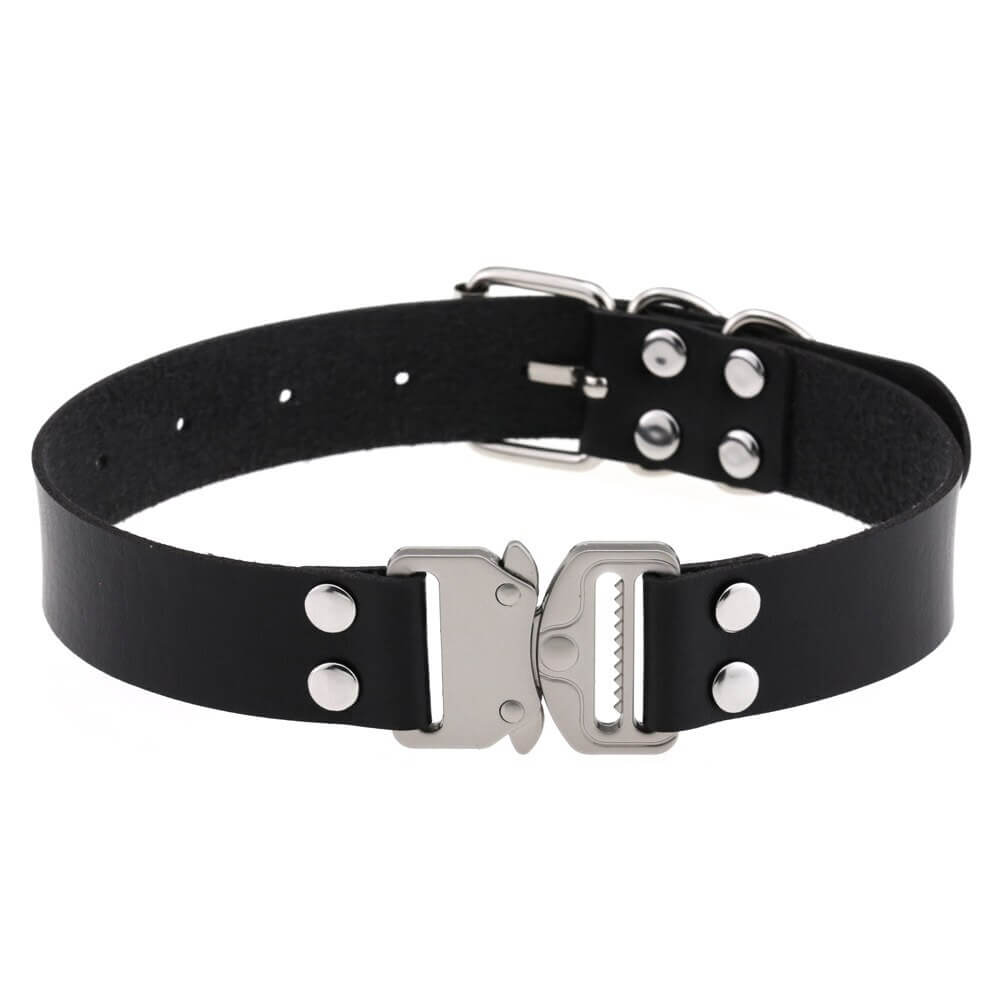 Punk PU leather choker with buckle, stylish necklace collar for women, edgy cosplay accessory.