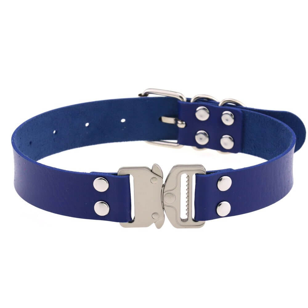 Punk PU leather choker in vibrant blue with buckle and silver studs, perfect for cosplay and edgy fashion.