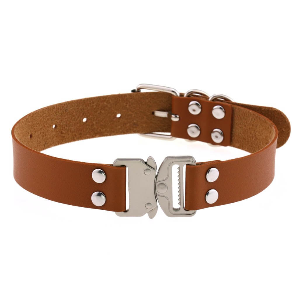 Brown PU leather punk choker with silver buckle and studs, perfect for cosplay and edgy fashion statements.