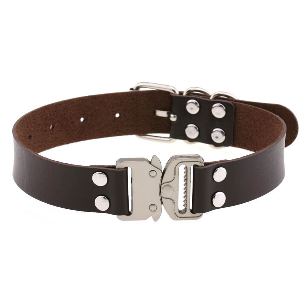 Punk PU leather choker with buckle for women, edgy cosplay accessory necklace collar.