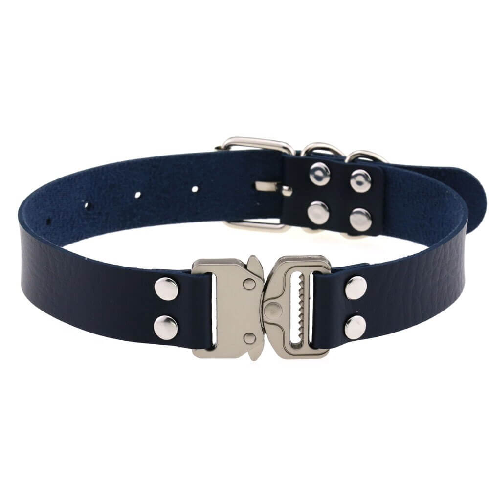 Punk PU leather choker with buckle for women, edgy cosplay accessory in dark blue, stylish collar.