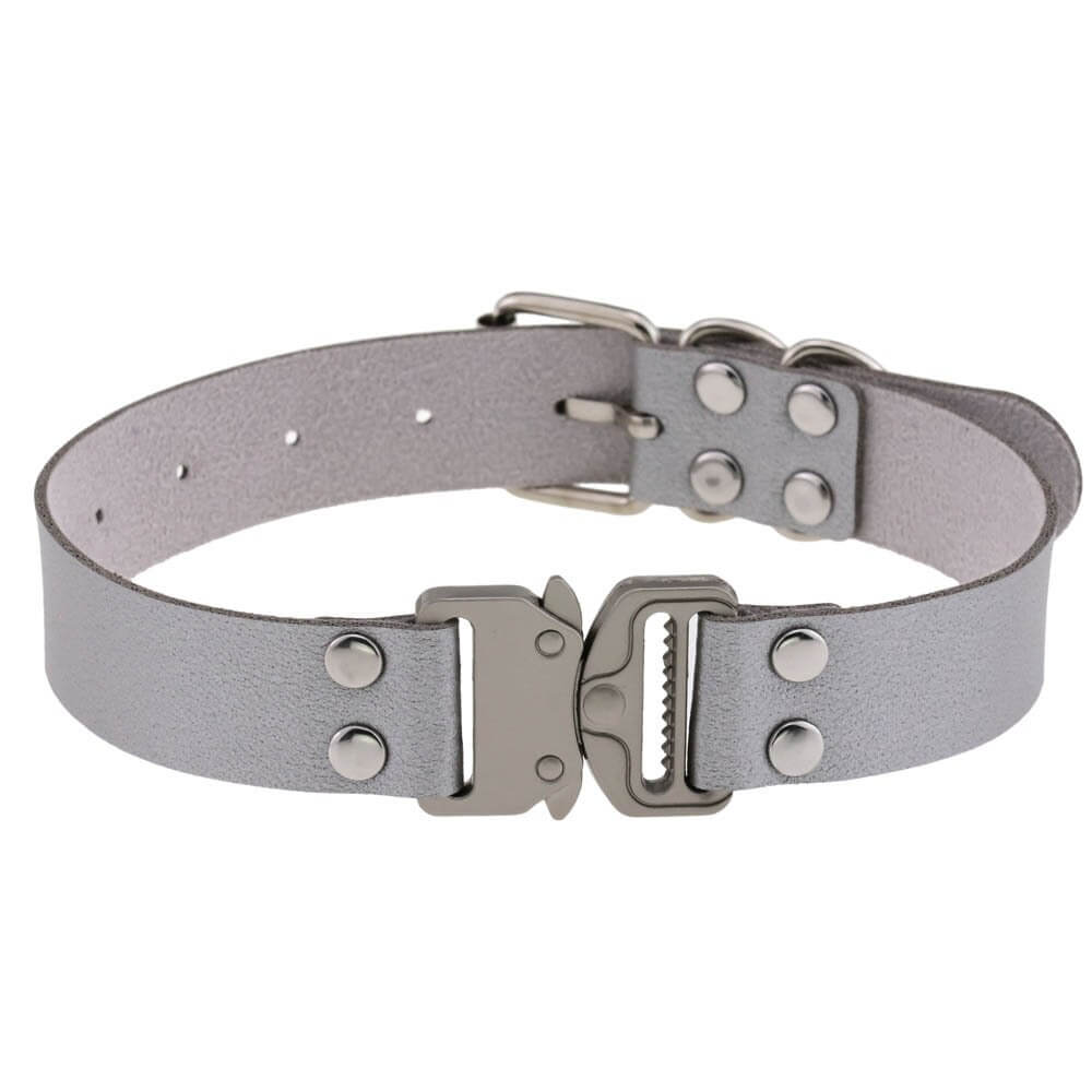 Stylish silver PU leather punk choker with buckle and rivet details, perfect for cosplay and bold fashion statements.