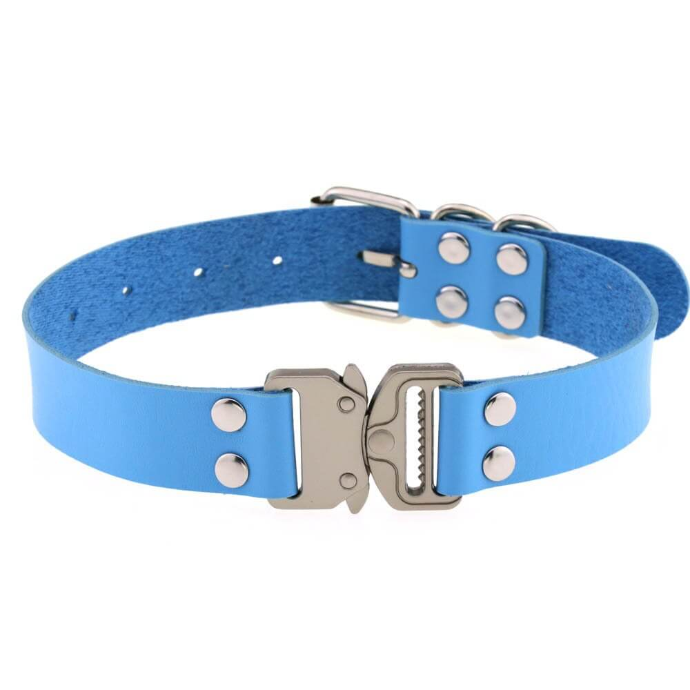 Punk blue PU leather choker with buckle, perfect for cosplay and edgy women’s fashion accessories.