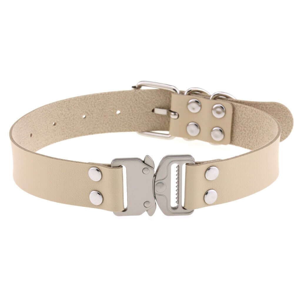 Cream PU leather punk choker collar with buckle and studs for women, perfect for cosplay and edgy fashion.