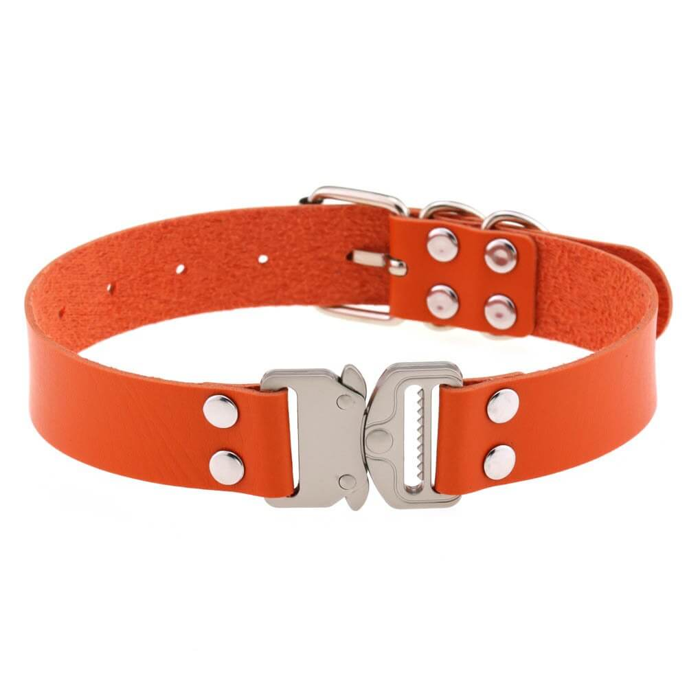 Punk orange PU leather choker necklace with buckle, perfect for women's cosplay and edgy fashion accessories.