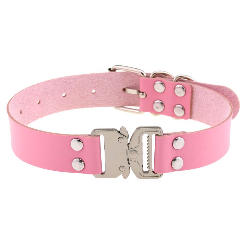 Pink punk PU leather choker with buckle, a stylish collar for women, perfect for cosplay and edgy fashion.