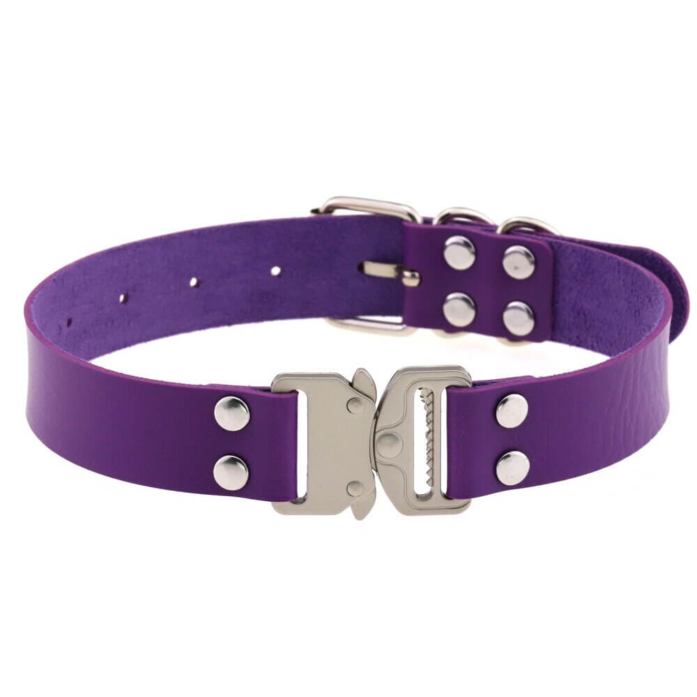 Purple punk style PU leather choker necklace with buckle and studs for women's cosplay accessories.