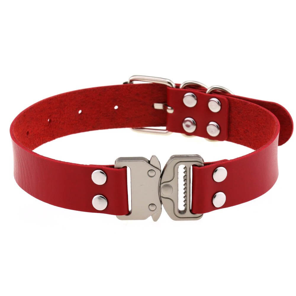 Red PU leather punk choker with buckle and studs, perfect for cosplay and edgy fashion.