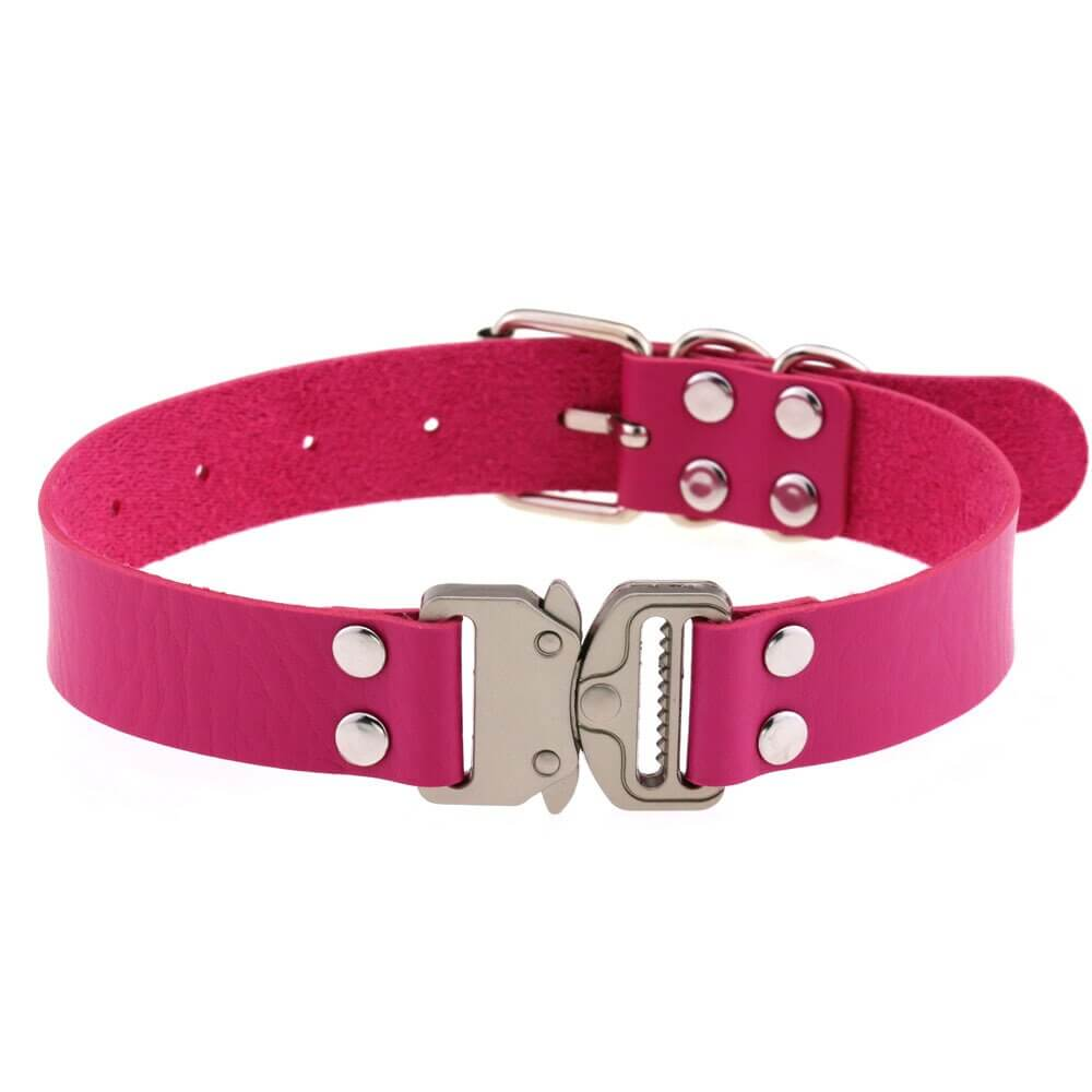 Bold pink PU leather choker with buckle, perfect for punk and cosplay styles, edgy women's accessory.