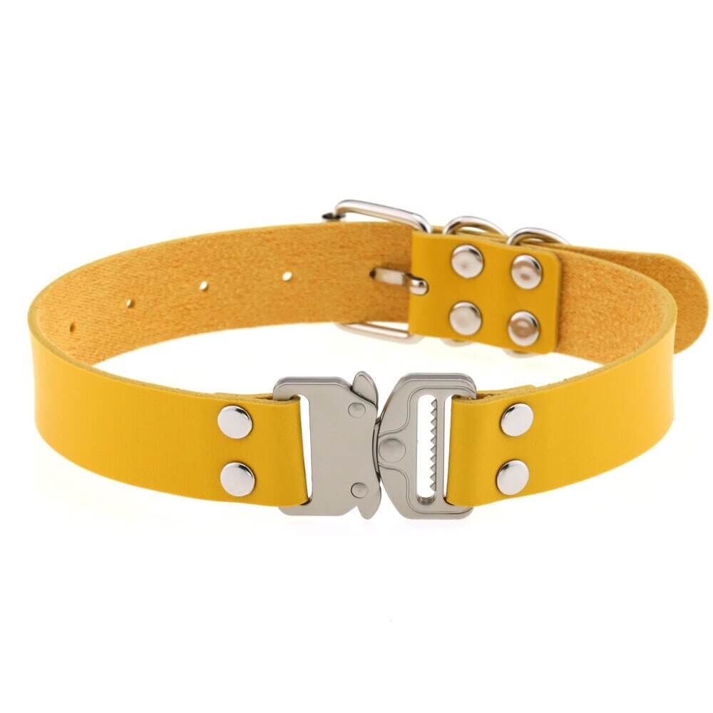 Yellow punk PU leather choker with buckle, perfect for cosplay and edgy women's fashion.