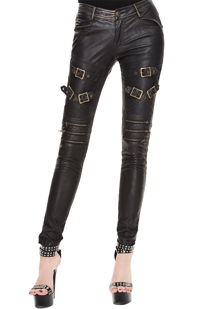 Punk PU Leather Leggings for Women / Vintage Motorcycle Skinny Pants with Buckles - HARD'N'HEAVY