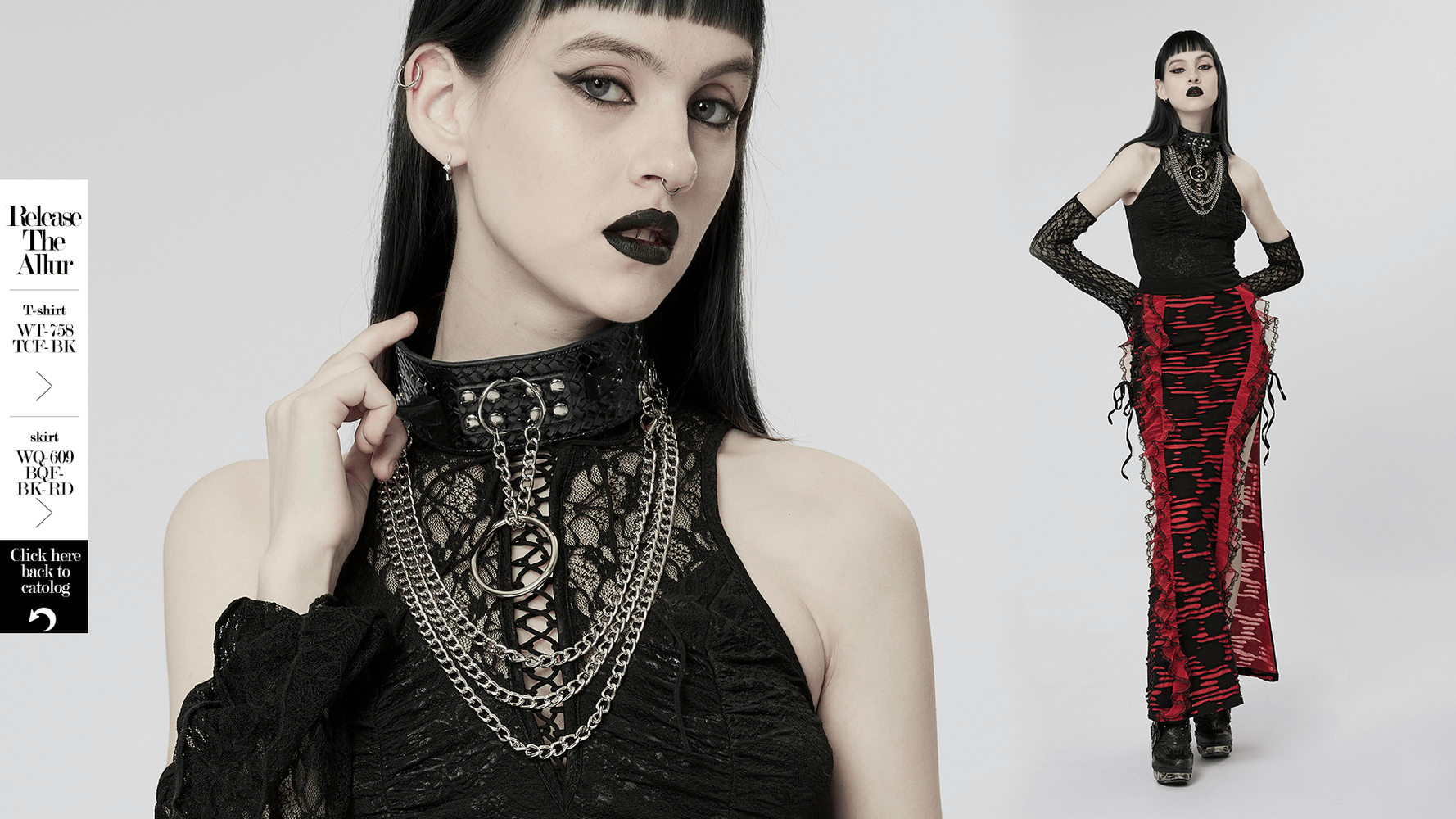 Punk-inspired model wearing a black lace top and red patterned skirt with chains and piercings, exuding edgy style.