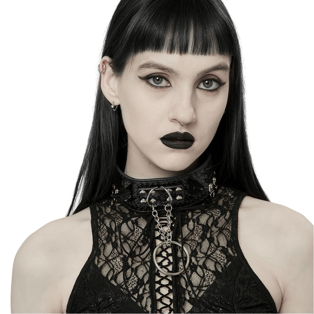 Gothic model wearing a Punk Python Grain Choker with rivets and chains, exuding edgy style and attitude.