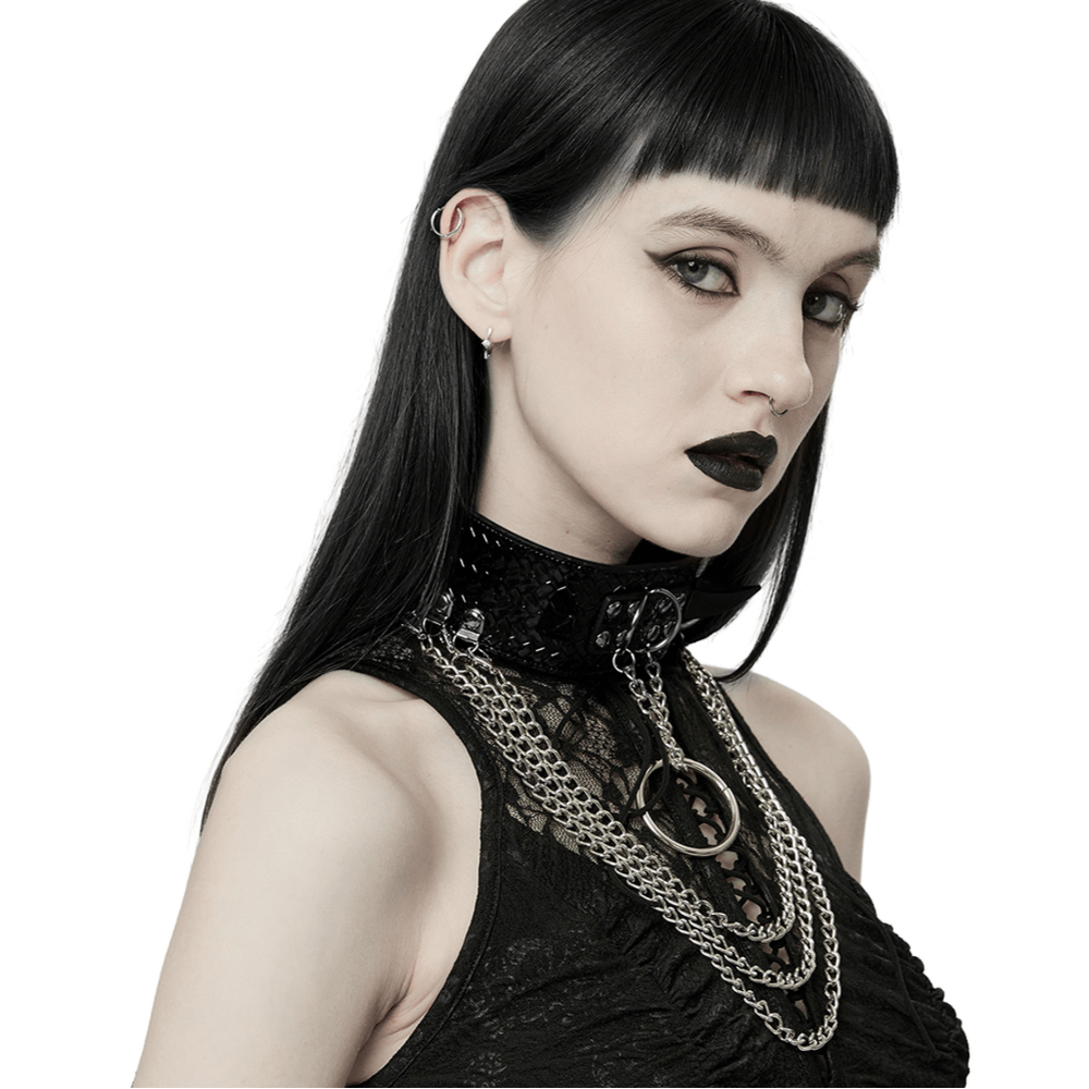 Punk Python Grain Choker with chains and rivets, showcasing a bold, edgy style on a model.