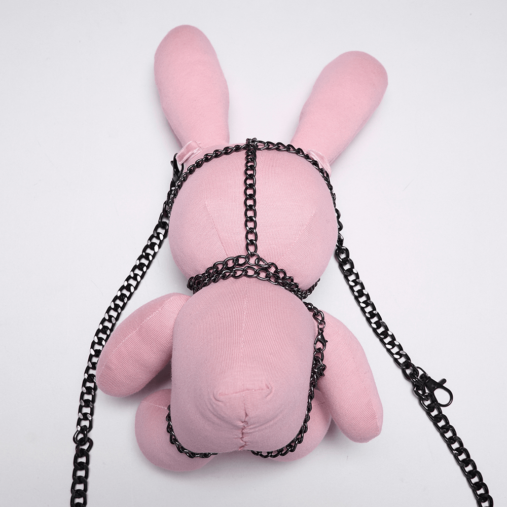 Alt Tag: Punk Rabbit Plush Chain Waist Accessory Charm pink bunny plush with black chain harness and clasp