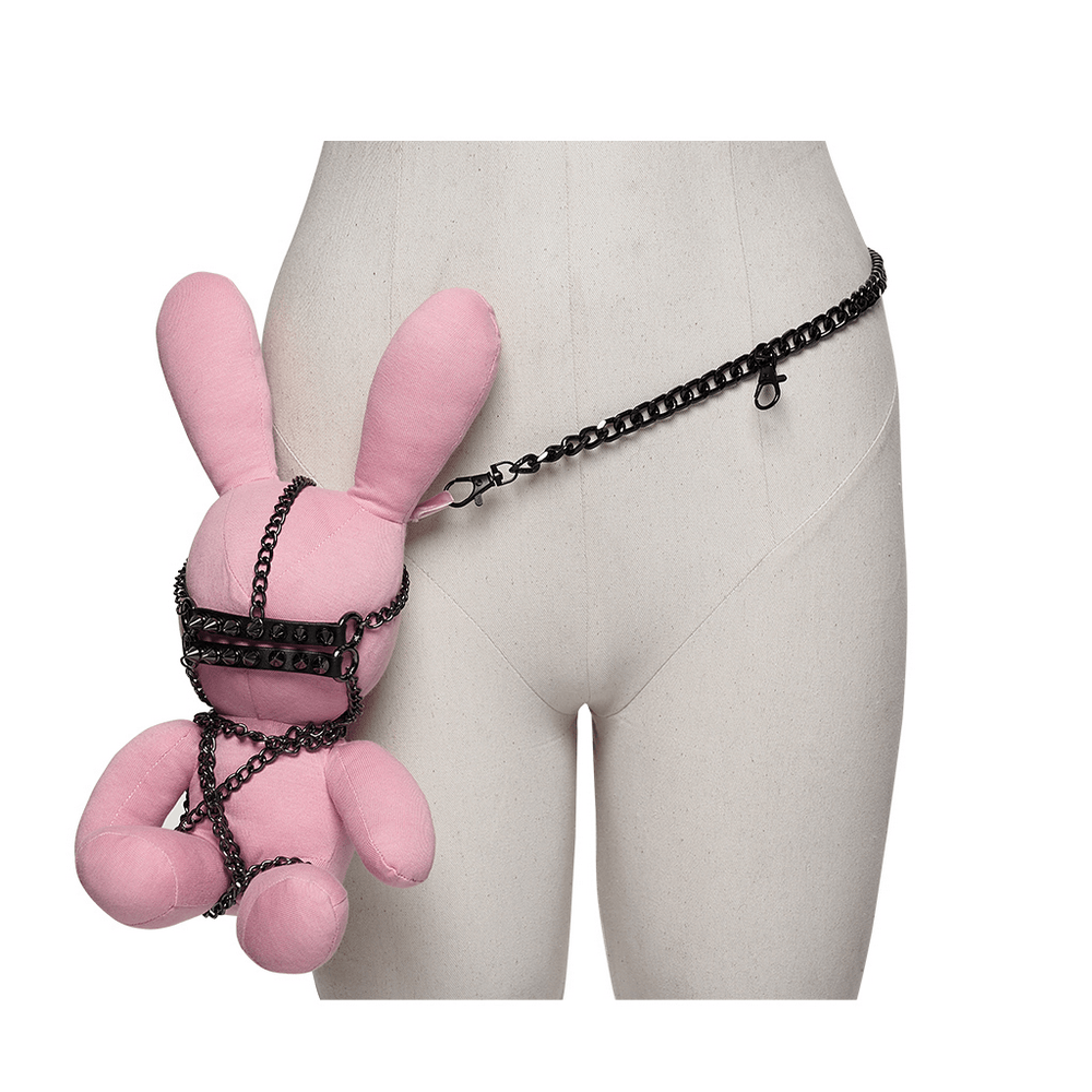 Alt Tag: Punk Rabbit Plush Chain Waist Accessory Charm pink bunny plush on black chain waist belt, edgy punk bag charm vibe