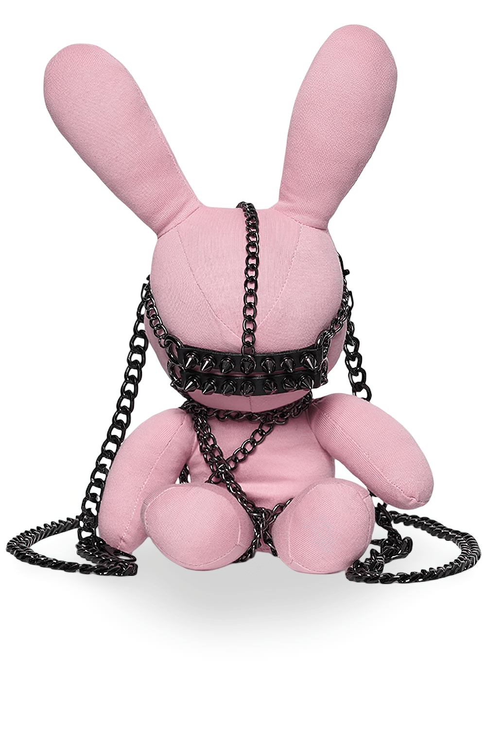 Alt Tag: Punk Rabbit Plush Chain Waist Accessory Charm pink bunny plush with black chain harness waist charm accessory