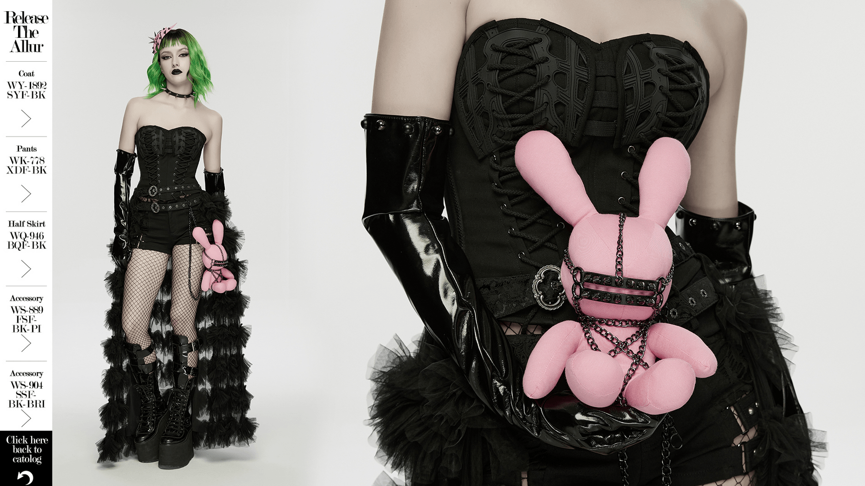 Punk Rabbit Plush Chain Waist Accessory Charm on black corset outfit, pink bunny plush charm with chains and straps