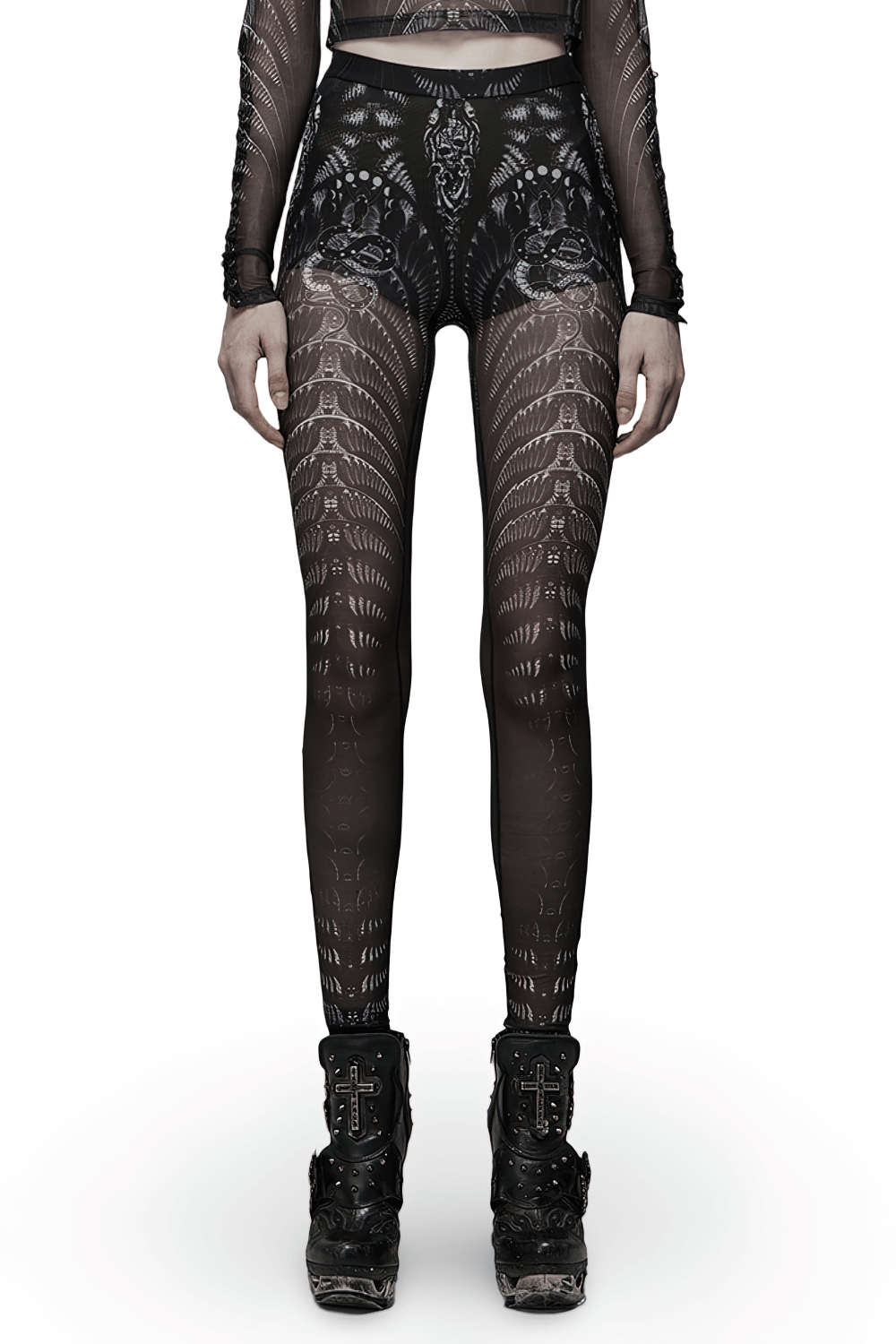 Punk Rave black and white gothic skeleton leggings with mesh design, perfect for edgy fashion lovers.