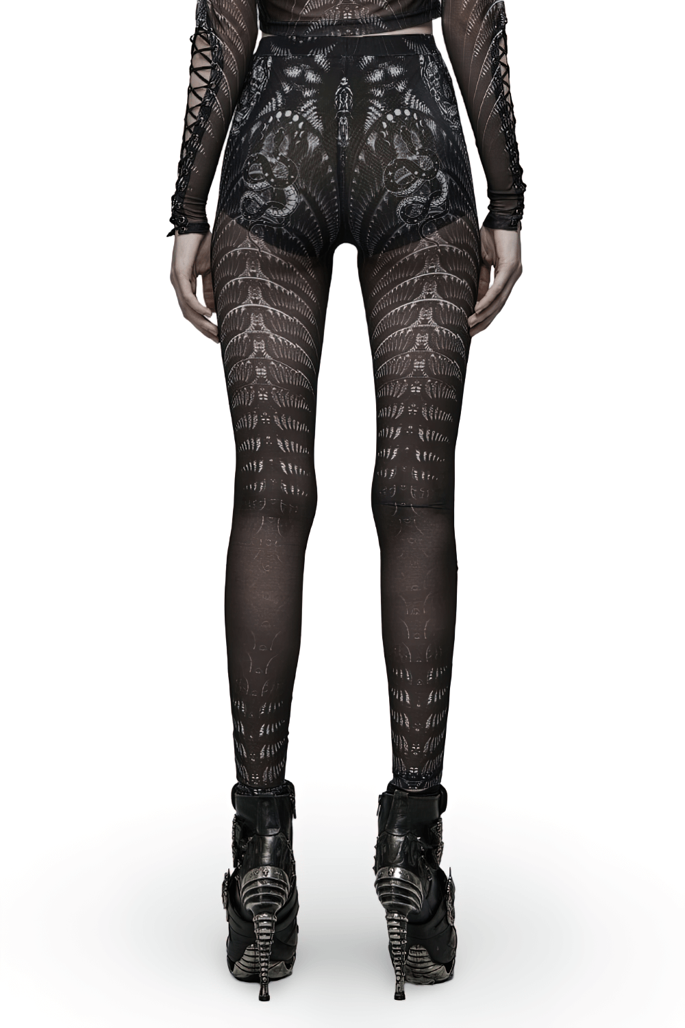 Stylish back view of Punk Rave black and white gothic skeleton leggings, perfect for edgy fashion statements.