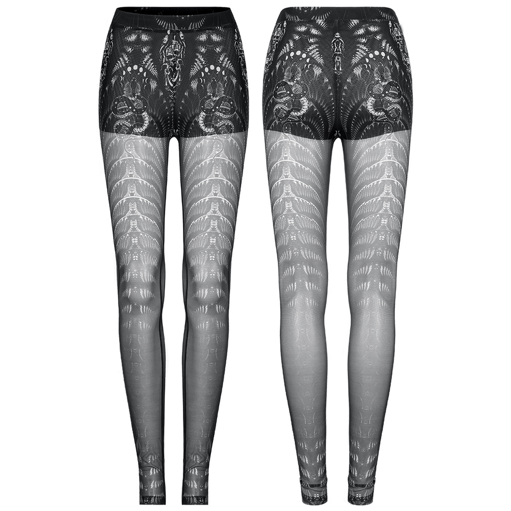 Black and white skeleton leggings with mesh design, perfect for gothic style and edgy fashion.