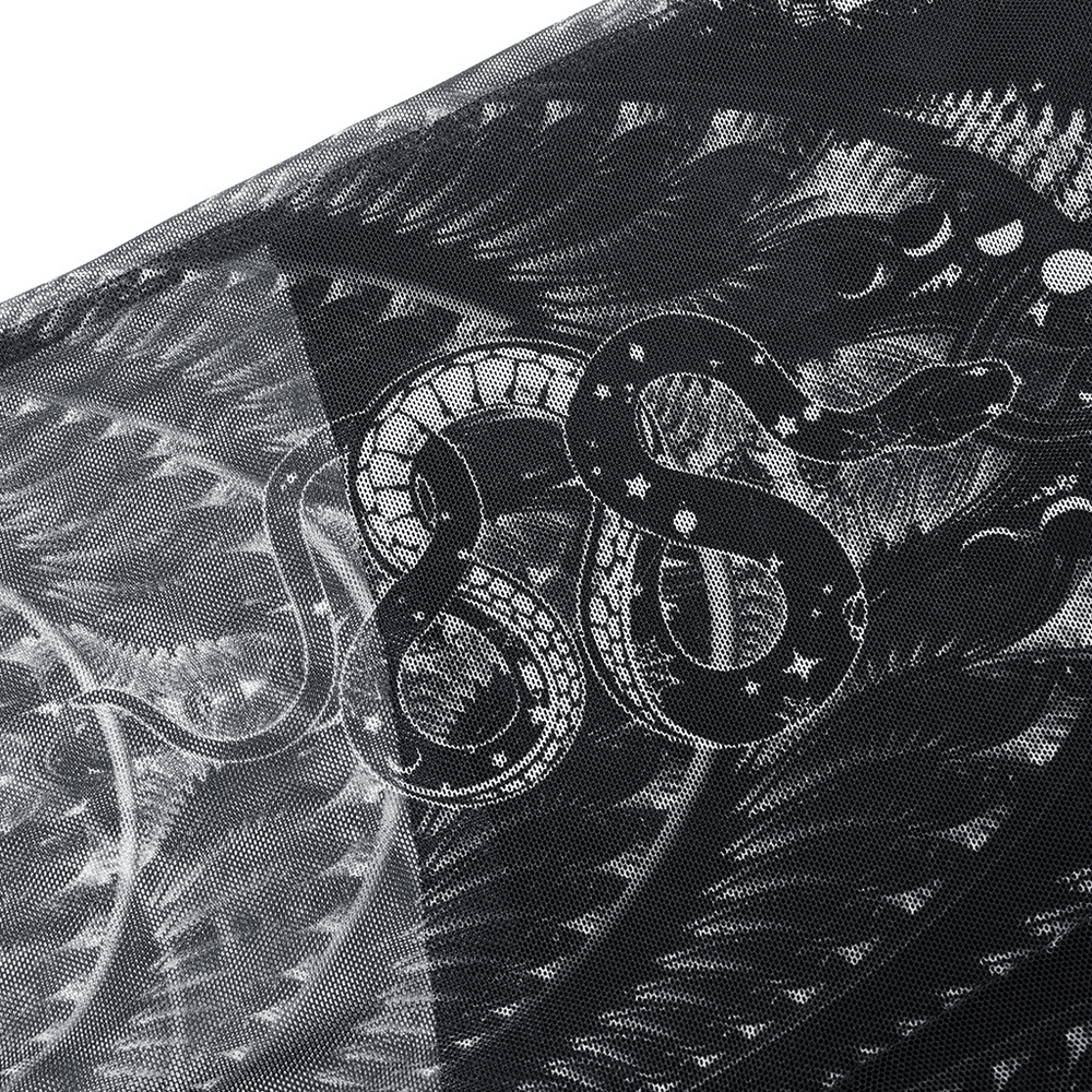 Close-up of intricate black and white gothic mesh fabric featuring a snake design, perfect for edgy fashion.