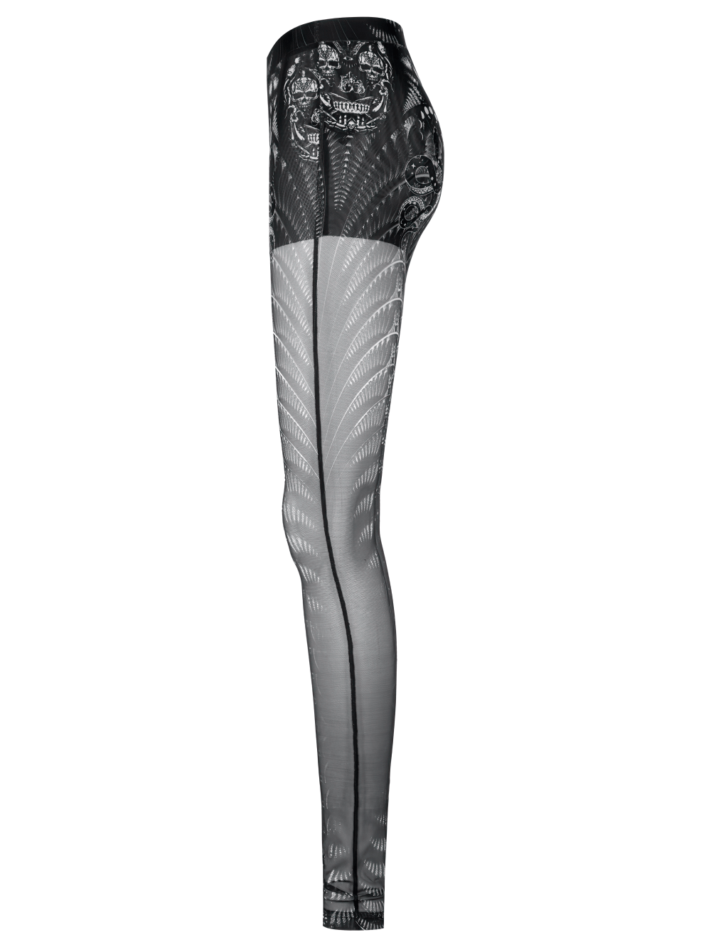 Black and white gothic skeleton leggings showcasing a unique mesh design for edgy style and comfort.