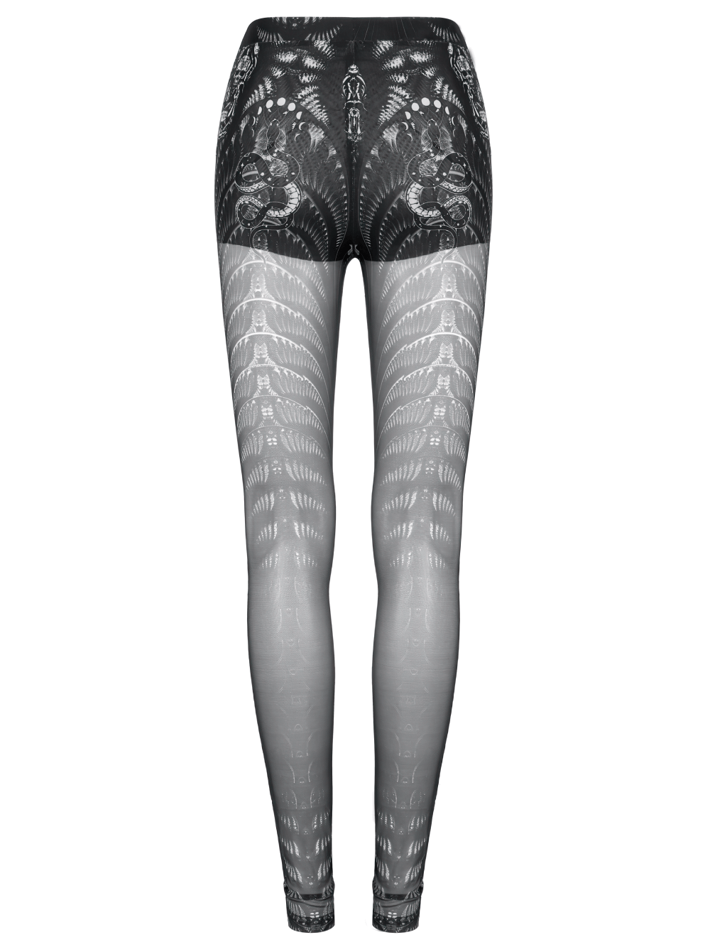 Black and white gothic skeleton leggings with mesh design, perfect for edgy fashion and all-day comfort.