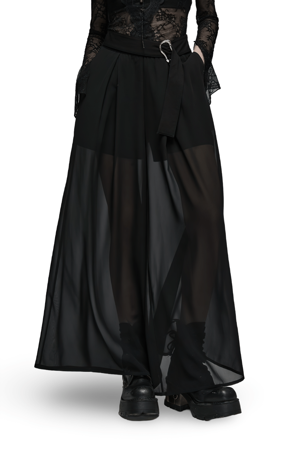 Punk Rave black chiffon sheer leg pants with buckle detailing, featuring wide, flowy legs for a bold, edgy look.