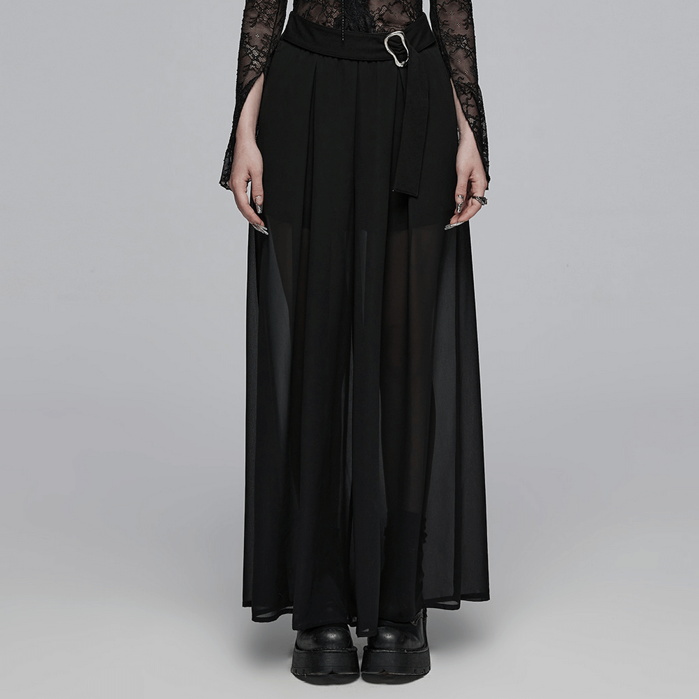 Punk Rave black chiffon sheer leg pants with buckle detailing, showcasing a flowy, edgy look perfect for any outfit.