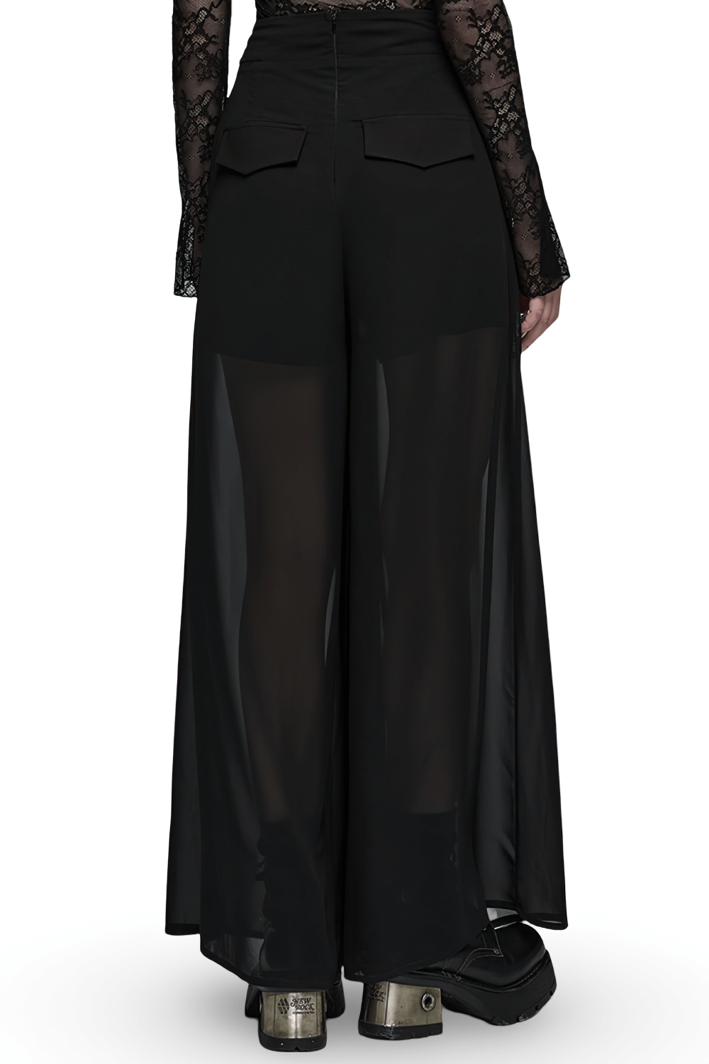 Back view of Punk Rave black chiffon sheer leg pants with wide legs and adjustable buckle detailing.