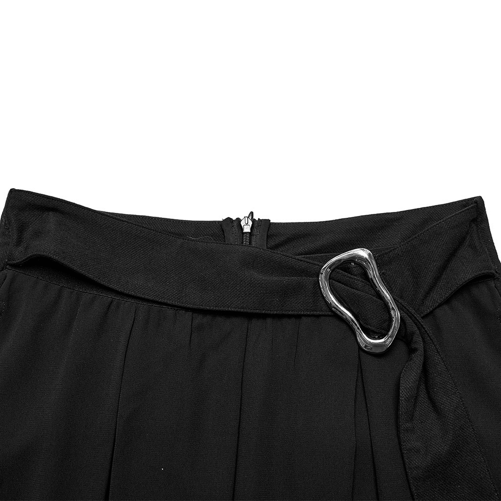 Close-up of black chiffon pants waistband with adjustable buckle detail, showcasing punk rave style and edgy design.