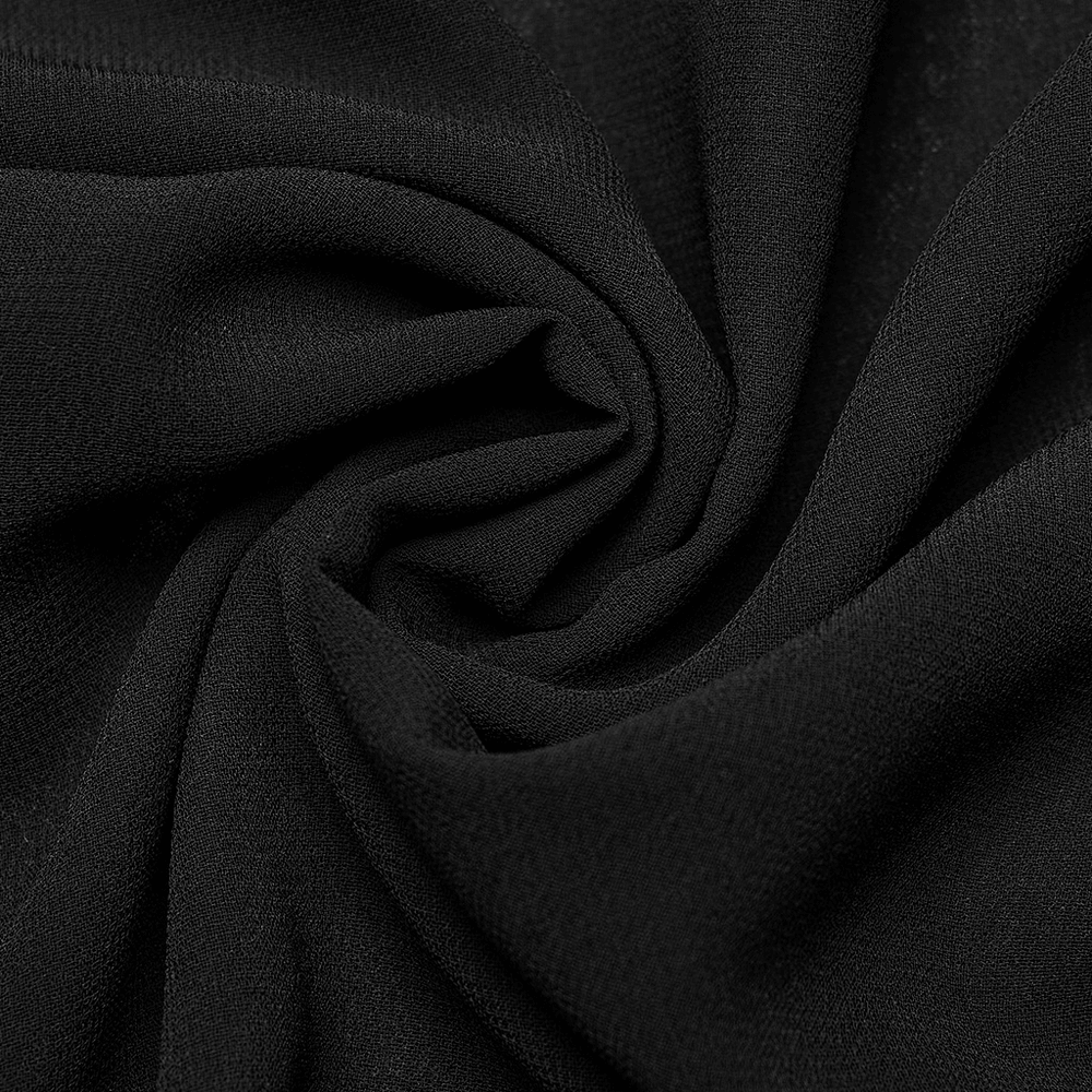Close-up of soft black chiffon fabric, showcasing its lightweight, sheer texture ideal for edgy punk fashion.