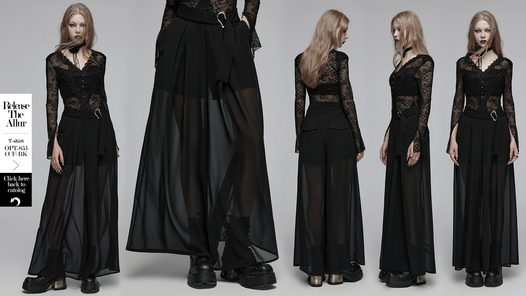 Punk Rave black chiffon sheer leg pants with buckle detailing, showcasing a loose fit and edgy punk style.