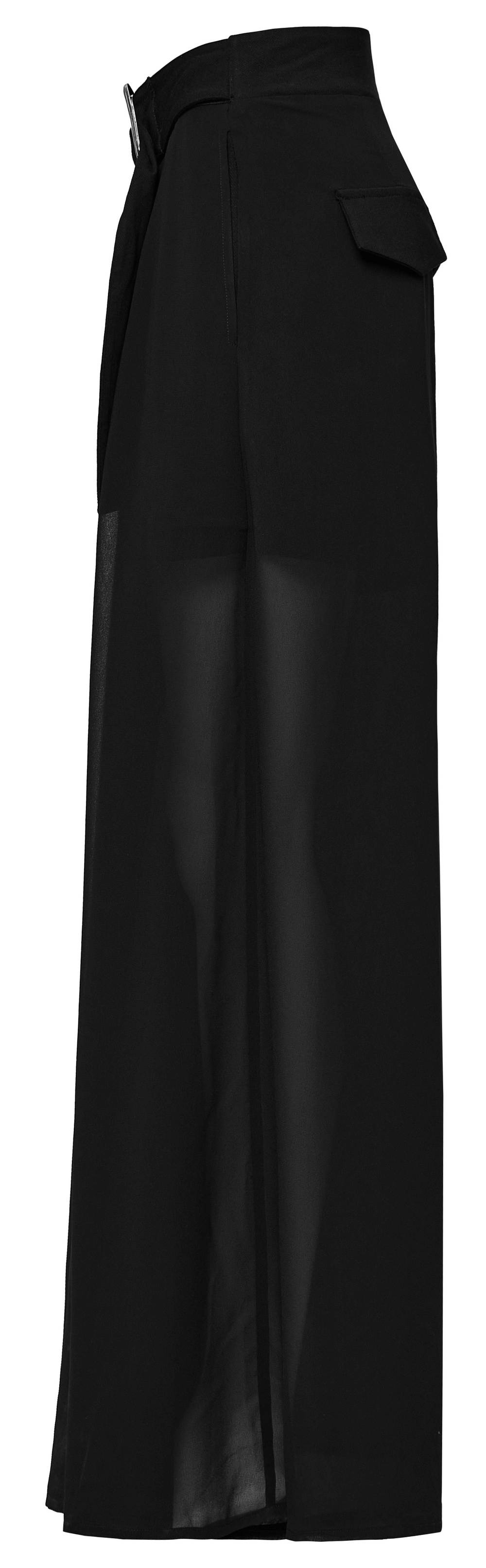 Punk Rave black chiffon sheer leg pants with buckle detailing, featuring a loose fit and wide legs for an edgy, flowy look.