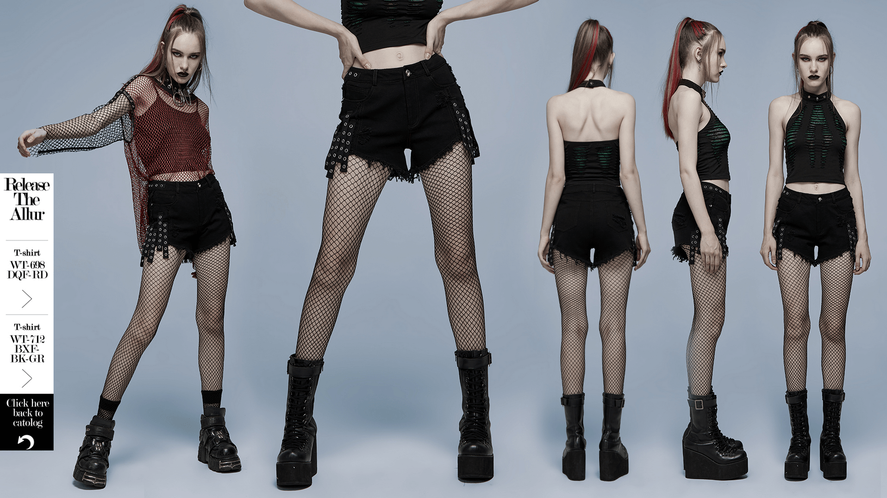 Punk Rave Black Denim Shorts featuring studded details and side lace, styled with edgy gothic elements.