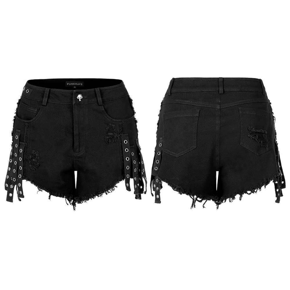 Punk Rave black denim shorts with edgy side lace detailing and distressed hem for a gothic look.