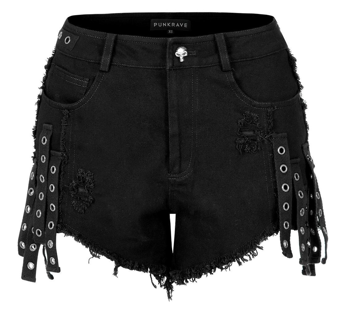 Punk Rave black denim shorts with studded detailing and side lace accents for a gothic look.