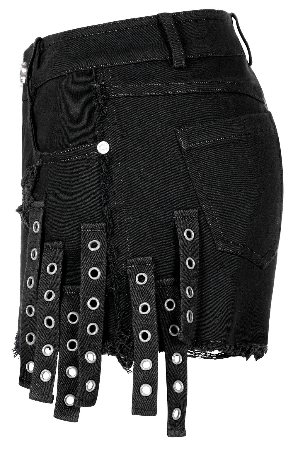 Punk Rave black denim shorts featuring unique lace details and studded accents for a gothic, edgy style.