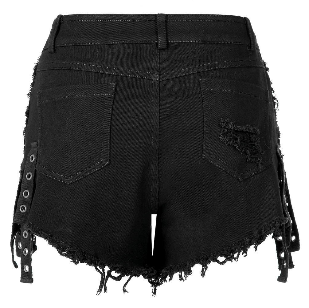 Back view of punk rave black denim shorts with distressed edges and lace-up detailing.