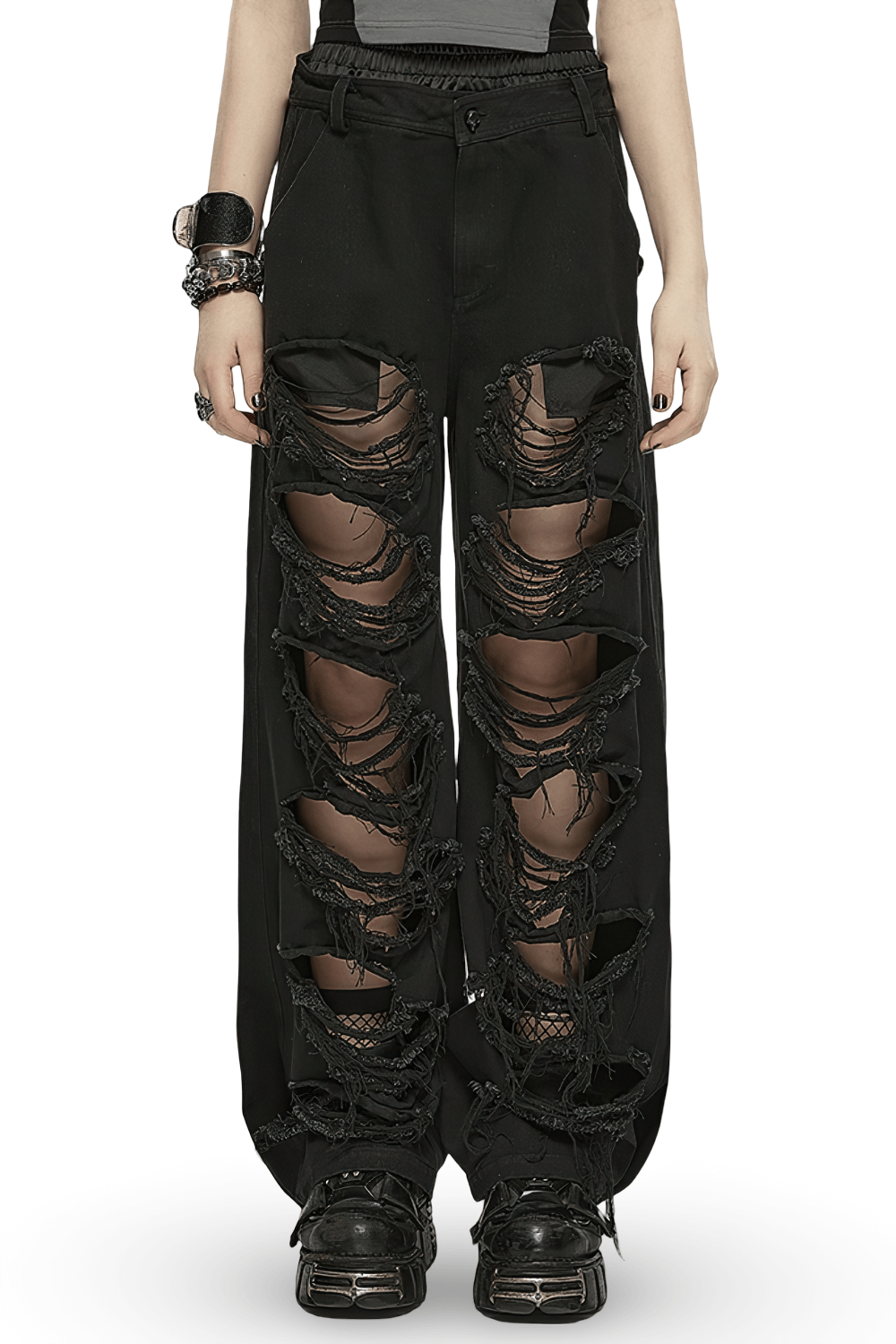 Punk Rave black distressed wide-leg denim pants with rips and mesh, perfect for a hip-hop style.