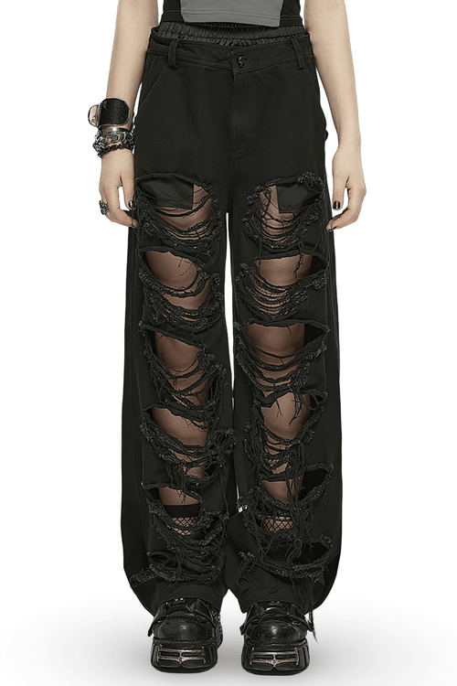 Schwarze Distressed-Jeanshose mit weitem Bein und Rissen von Punk Rave