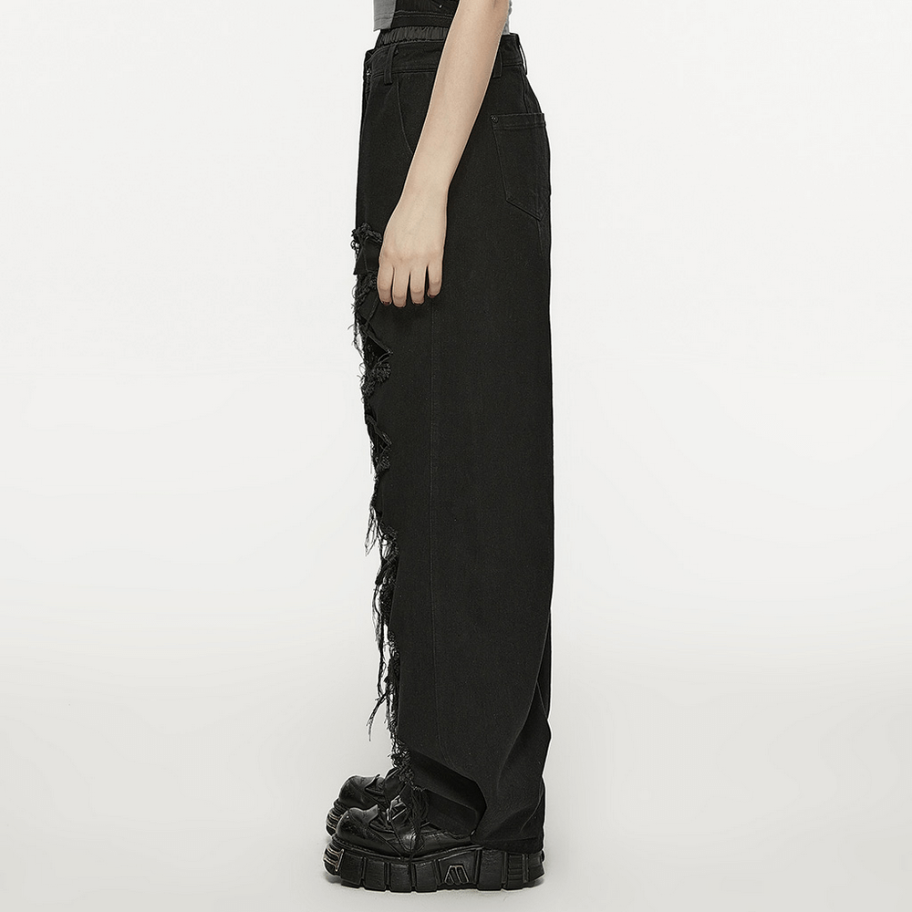 Side view of Punk Rave black distressed wide-leg denim pants with rips, showcasing a stylish hip-hop look.