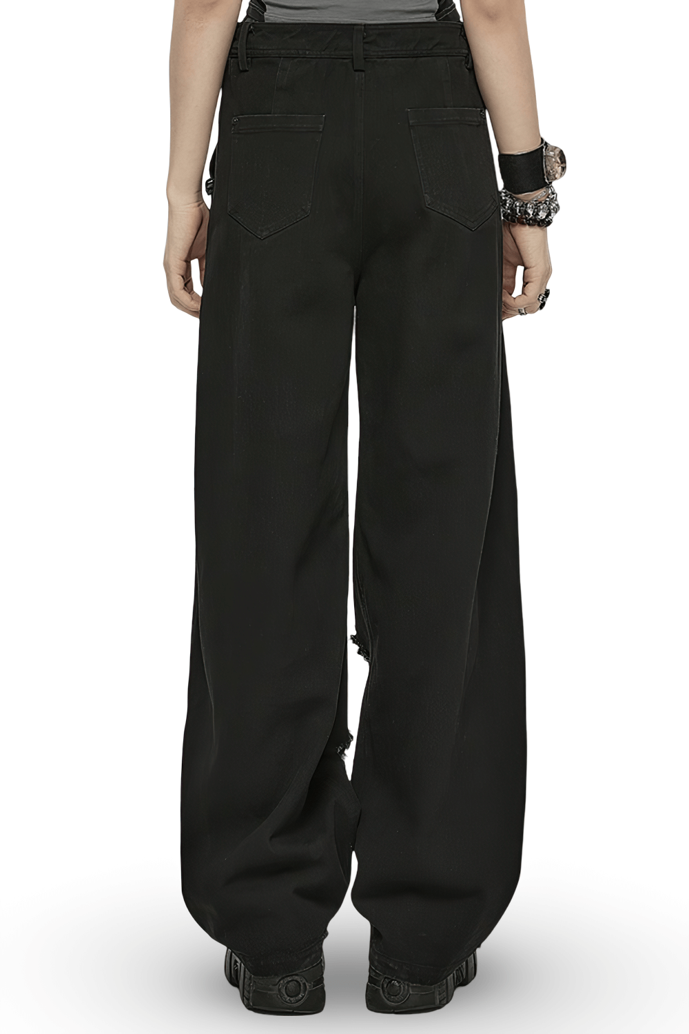 Back view of black distressed wide-leg denim pants for women by Punk Rave, showcasing adjustable fit and stylish rips.